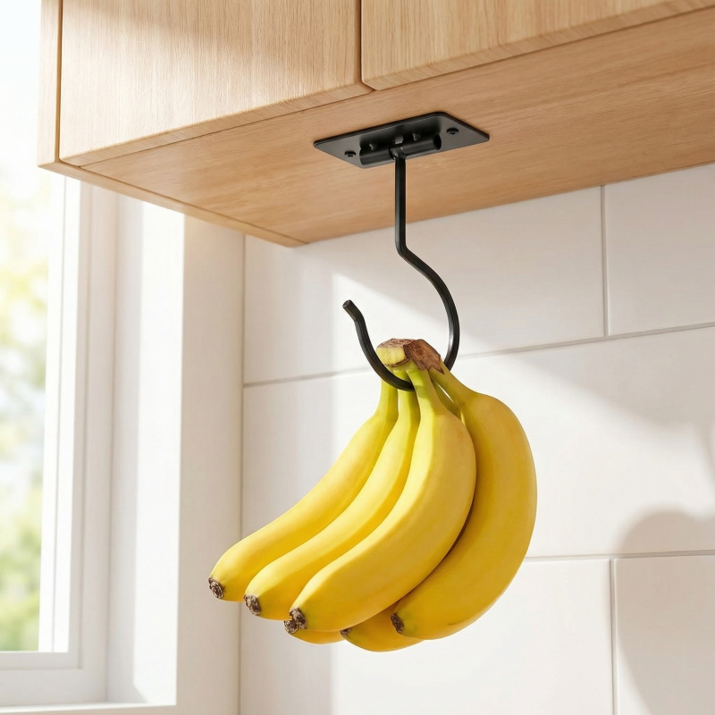 Commercial Kitchen Shed - Czarny metalowy samoprzylepny haczyk bananowy, składany
